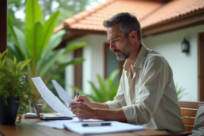 Acheteur expatrié vérifiant une check-list avant l'achat d'une maison en Thaïlande
