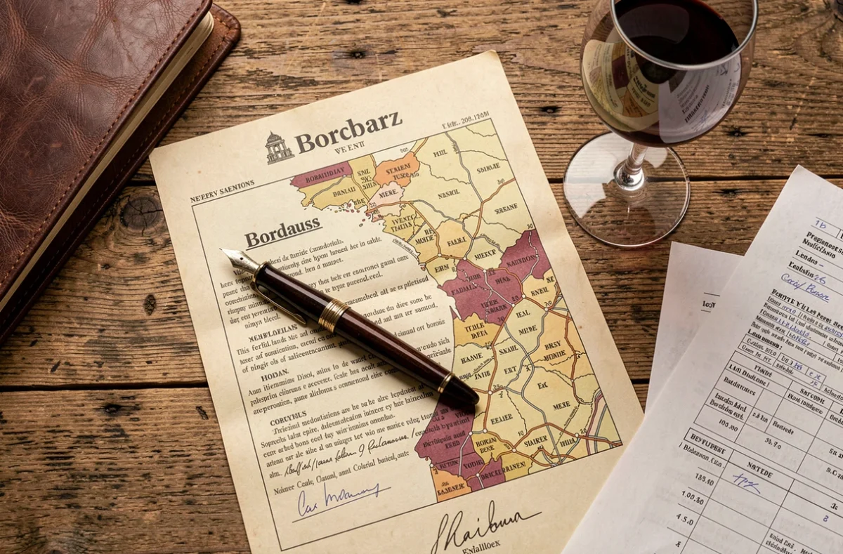 Vue aérienne d'un bureau de notaire avec acte de propriété signé, carte des appellations bordelaises et stylo plume pour l'achat d'un vignoble