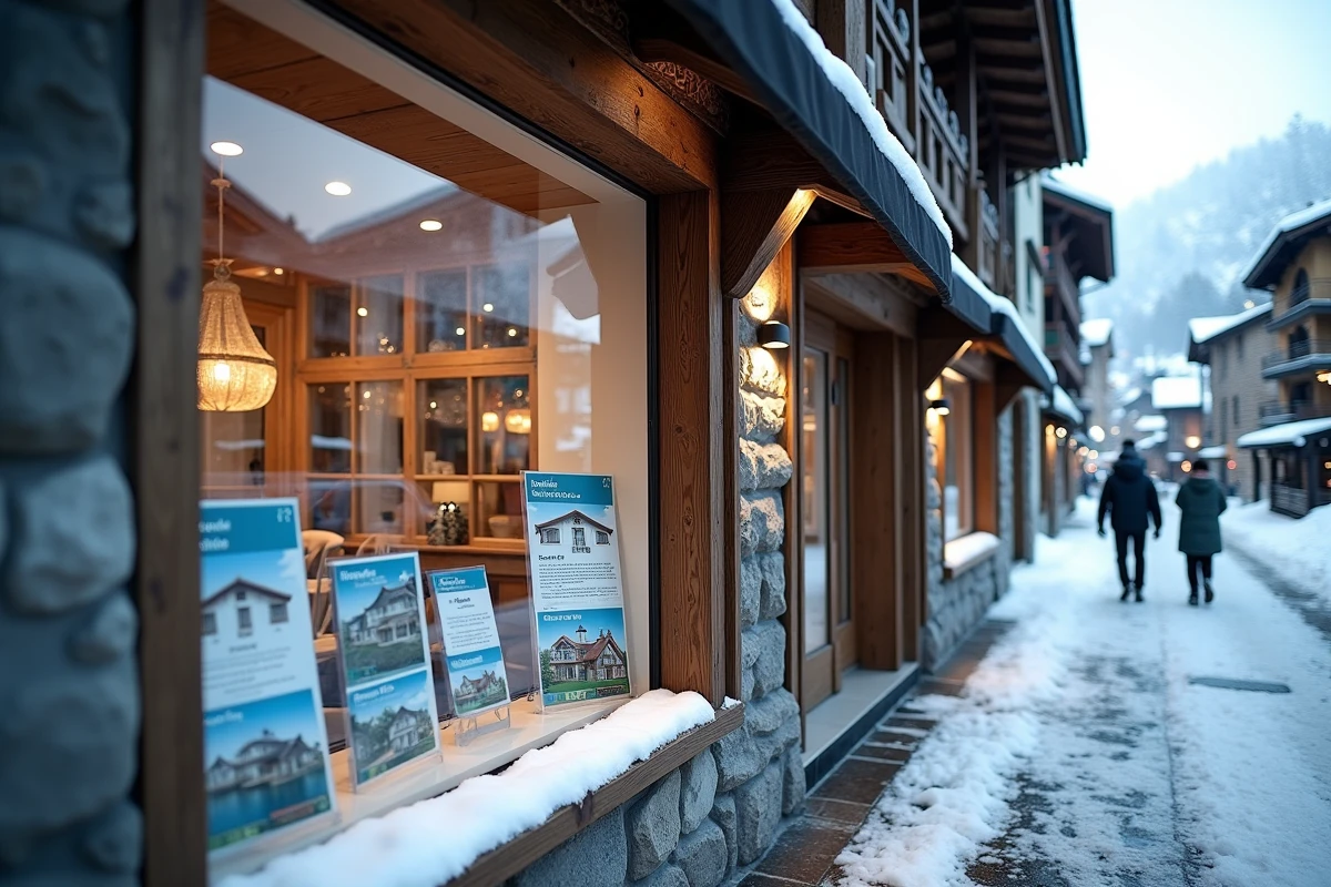 Vitrine d'une agence immobilière à Les Menuires avec des annonces de biens à vendre dans la vallée des Belleville