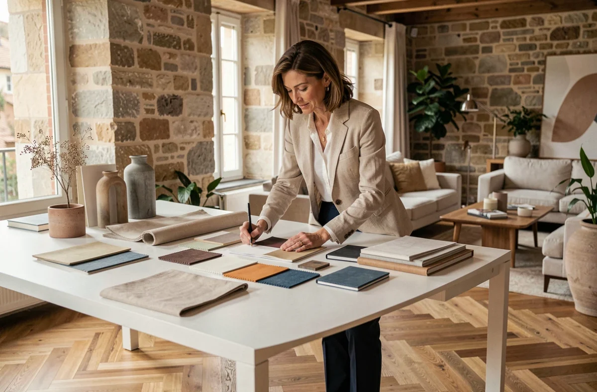 Architecte d'intérieur de l'agence Lmdeco examinant des échantillons de matériaux dans un appartement toulousain rénové