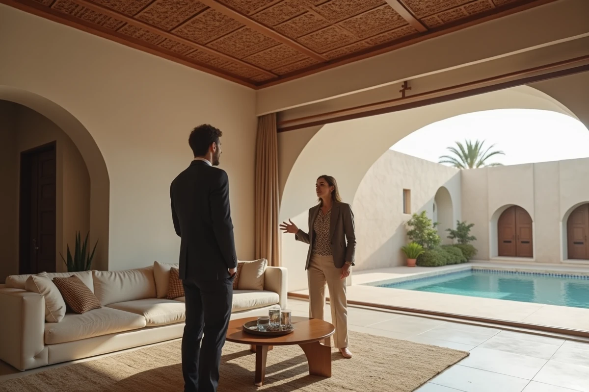 Agent immobilier présentant un appartement à vendre à Marrakech avec accès direct à une piscine privée