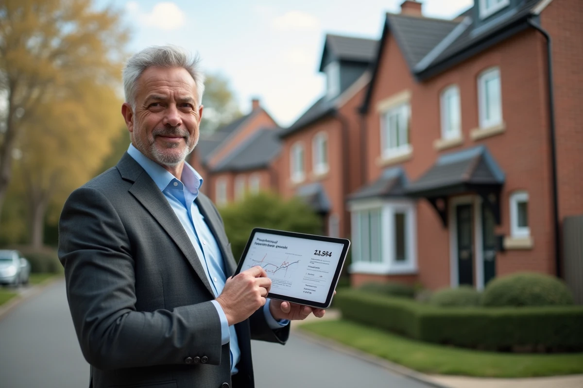Agent immobilier expérimenté comparant une estimation automatique de portail avec une évaluation professionnelle devant une maison