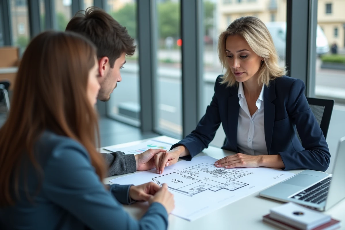 Agent immobilier expliquant un plan de studio BIS à un jeune couple dans une agence immobilière moderne