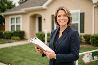 Agent immobilier devant une maison résidentielle tenant des documents de propriété pour identifier le propriétaire