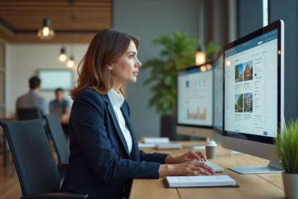 Agent immobilière travaillant sur un intranet immobilier moderne dans un bureau en open space, consultant des fiches de biens et des dossiers clients sur deux écrans