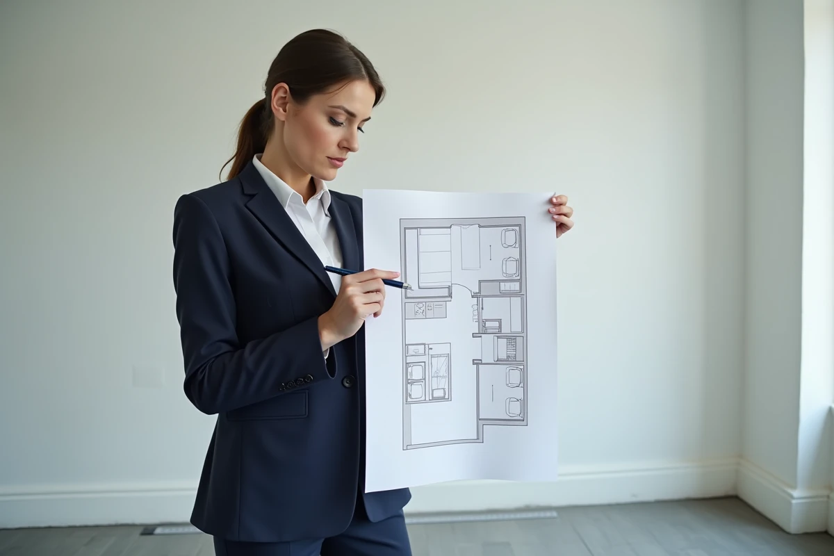 Agent immobilier tenant un plan de petite chambre et expliquant les règles de la loi Boutin sur la superficie minimale