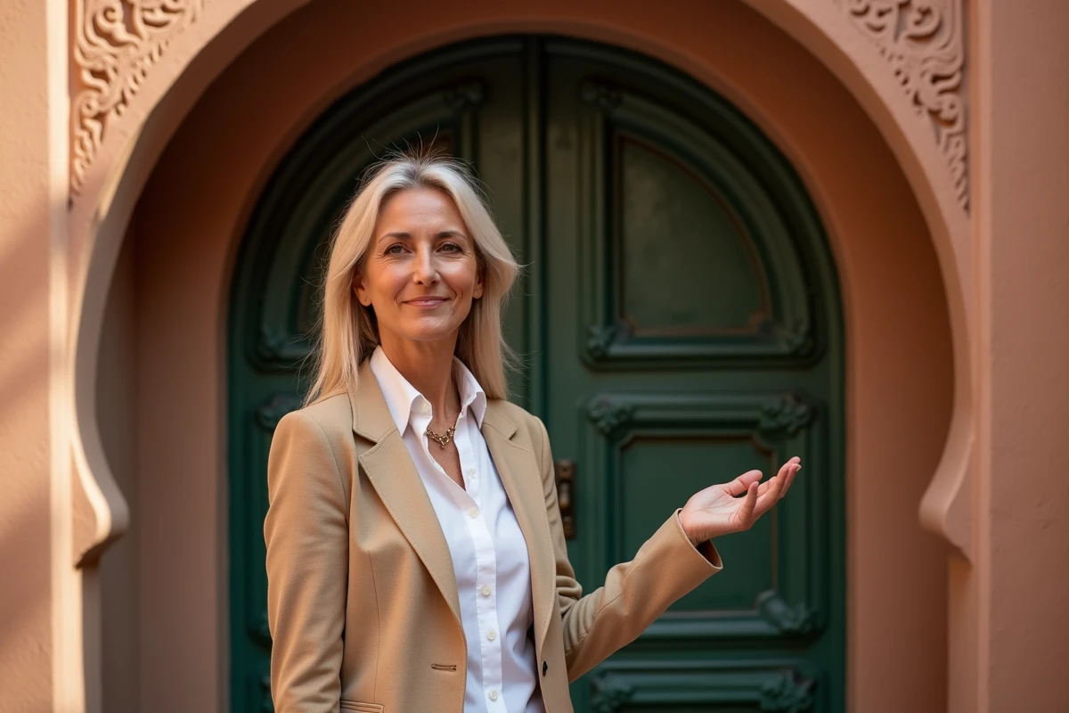 Agent immobilière présentant l'entrée d'un riad à vendre dans le quartier Mouassine de Marrakech avec porte en cèdre sculpté