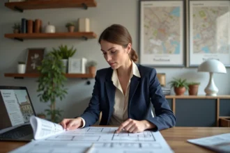 Agent immobilier féminine analysant des documents et plans de biens immobiliers sélectionnés à Toulouse dans un bureau professionnel moderne