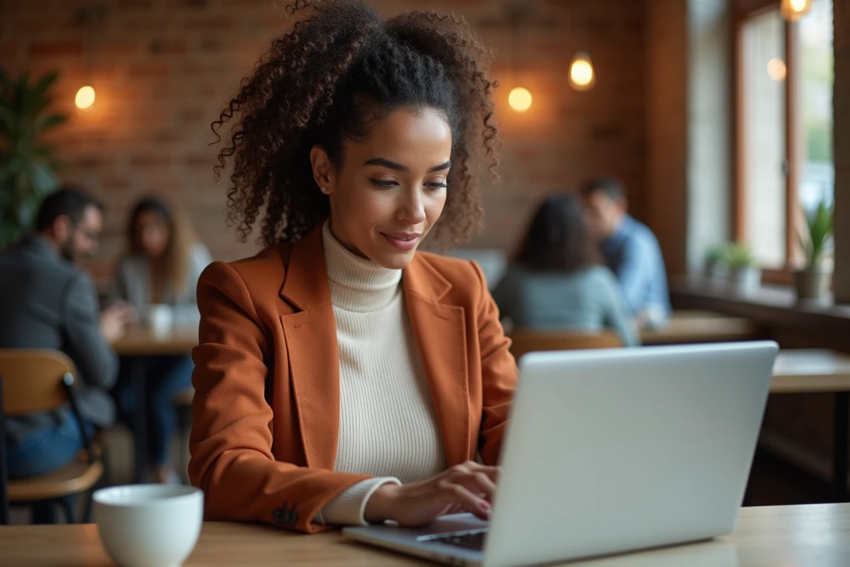 Jeune agent immobilière travaillant en télétravail dans un espace de co-working, consultant son agenda et ses rappels sur une plateforme intranet immobilier