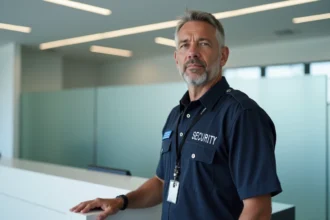 Agent de sécurité en uniforme à l'accueil d'un bâtiment Enedis, illustrant les règles d'entrée et de contrôle d'accès