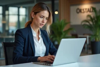 Agente immobilière professionnelle analysant des estimations de biens sur son ordinateur portable dans une agence moderne