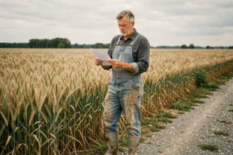 Agriculteur tenant un contrat de bail rural en bordure d'un champ de blé doré