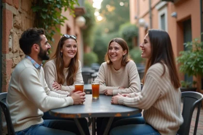 Groupe d'amis riant sur une terrasse à Toulouse