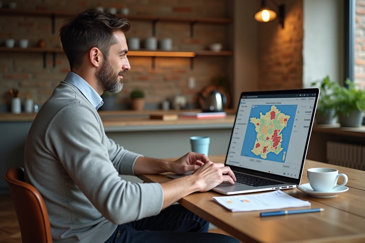 Homme analysant les prix de loyer sur un site d'estimation immobilière à Lyon depuis son appartement