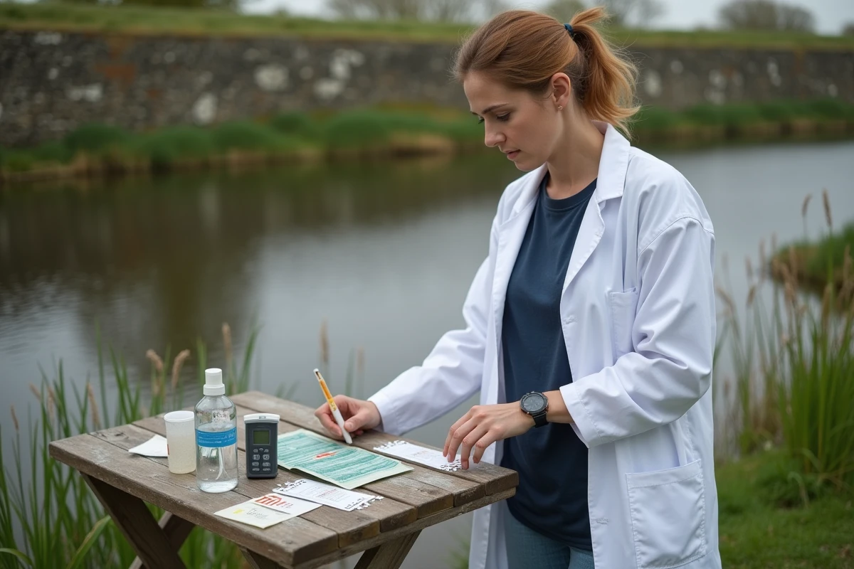 Femme analysant des échantillons d'eau d'étang avec un kit de test de qualité sur le terrain