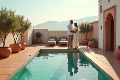 Terrasse avec piscine sur toit d'un appartement moderne à vendre à Marrakech avec vue sur les montagnes de l'Atlas