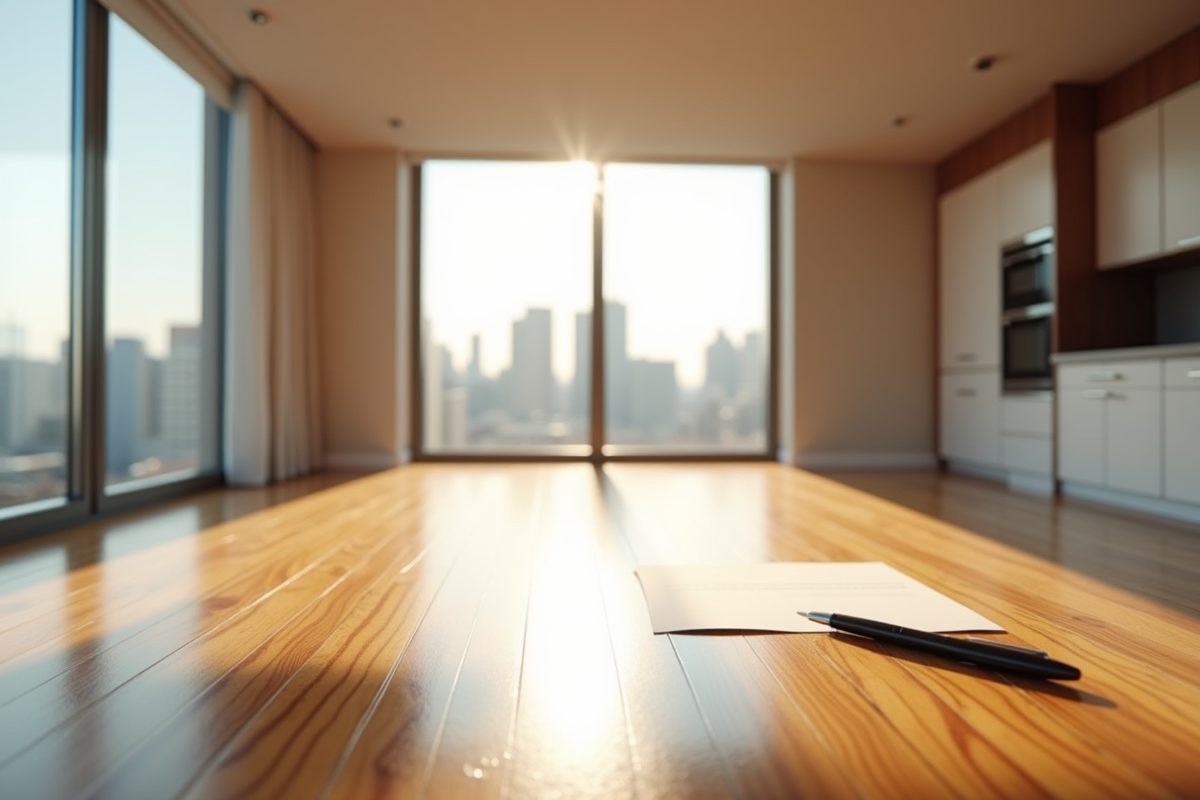Appartement vide avec vue sur la ville et contrat sur le comptoir