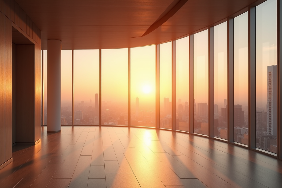 Appartement moderne avec vue sur la ville au lever du soleil