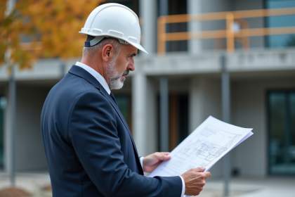 Architecte homme en costume bleu et casque blanc sur un site de construction