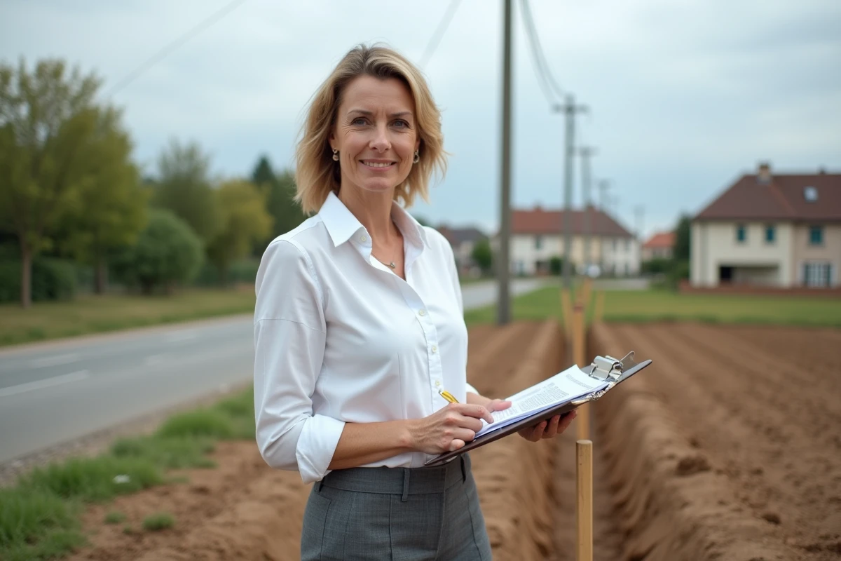 Une architecte examine les documents de zonage d'un terrain communal gratuit lors d'une visite de parcelle en zone périurbaine