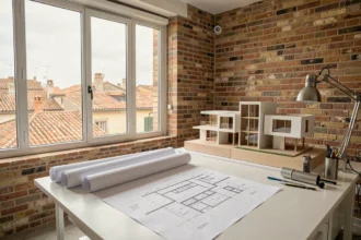 Studio d'architecture en Haute-Garonne avec maquettes, plans et vue sur les toits toulousains