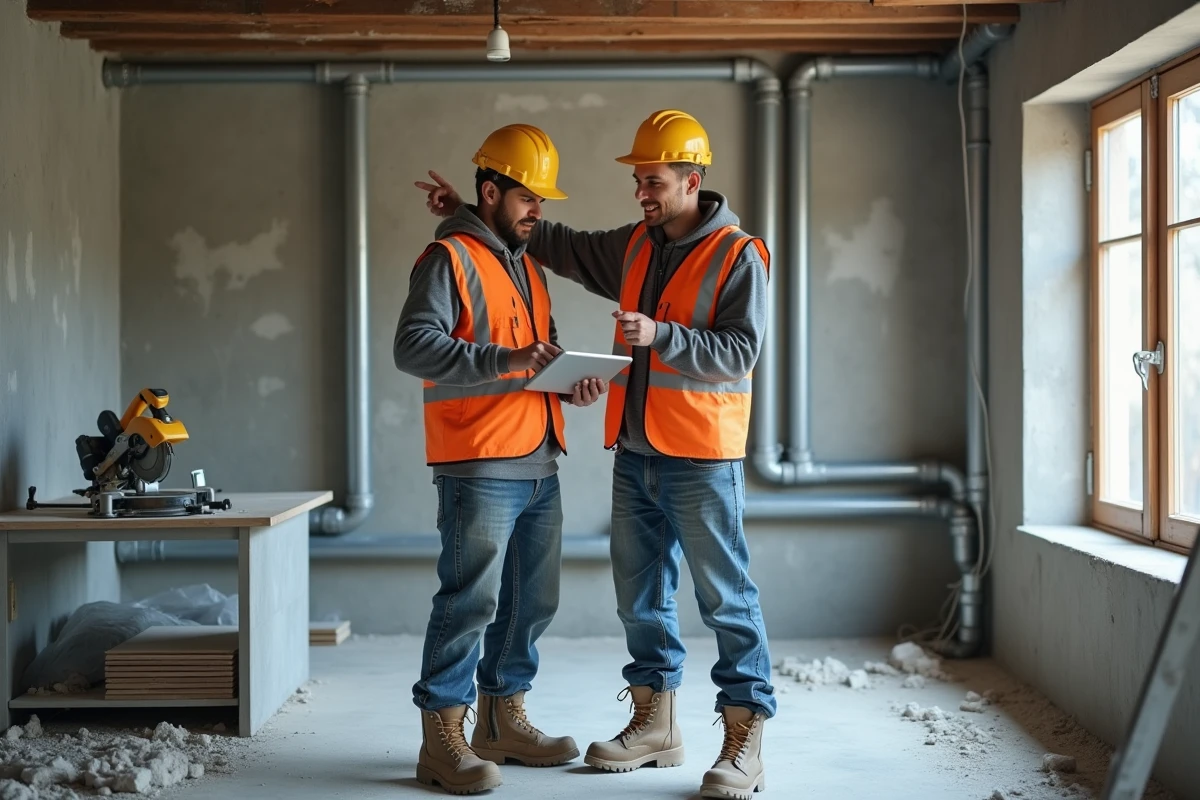 Deux artisans du bâtiment consultant une check-list numérique sur tablette lors d'un chantier de rénovation de cuisine