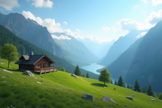 Cabane chaleureuse dans la vallée de montagne verte