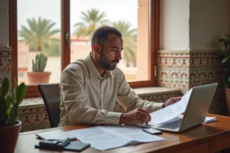 Propriétaire calculant la rentabilité locative d'un appartement à Marrakech avec des documents immobiliers