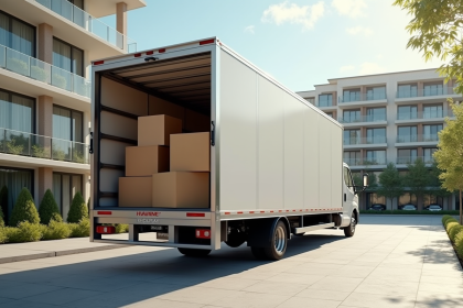 Camion de déménagement spacieux devant une résidence moderne