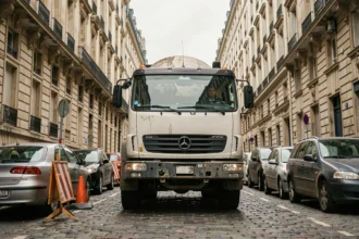 Camion toupie béton en train de manœuvrer dans une rue étroite du centre-ville avec des bâtiments haussmanniens de chaque côté
