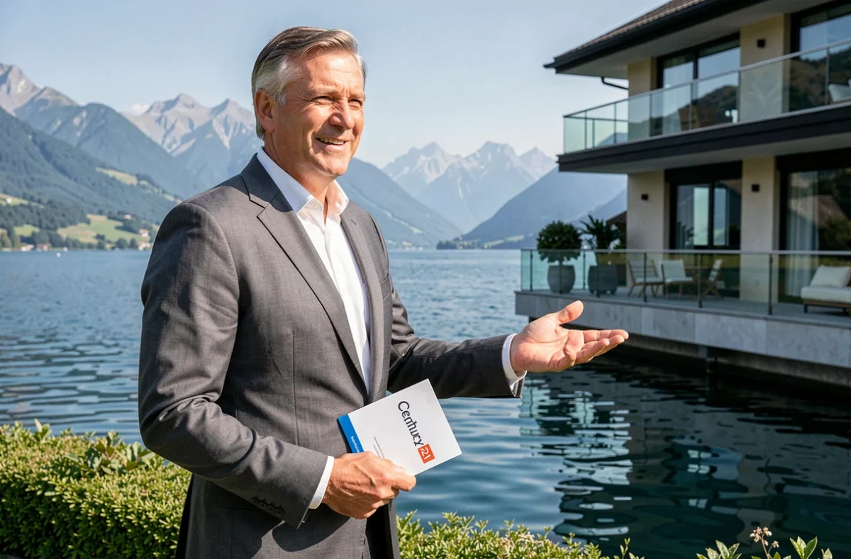 Agent Century 21 près d'une propriété de luxe au bord du lac à Divonne-les-Bains avec vue sur les montagnes