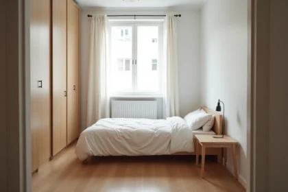 Petite chambre de moins de 9m2 aménagée dans un appartement avec lit simple, parquet clair et fenêtre illustrant la loi Boutin