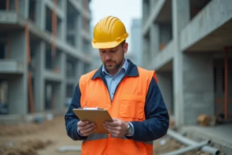 Chef de chantier en gilet haute visibilité vérifiant des documents sur un chantier de construction actif