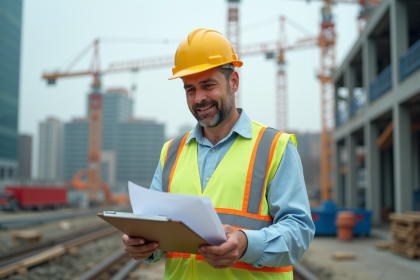 Chef de chantier en casque jaune sur site de construction