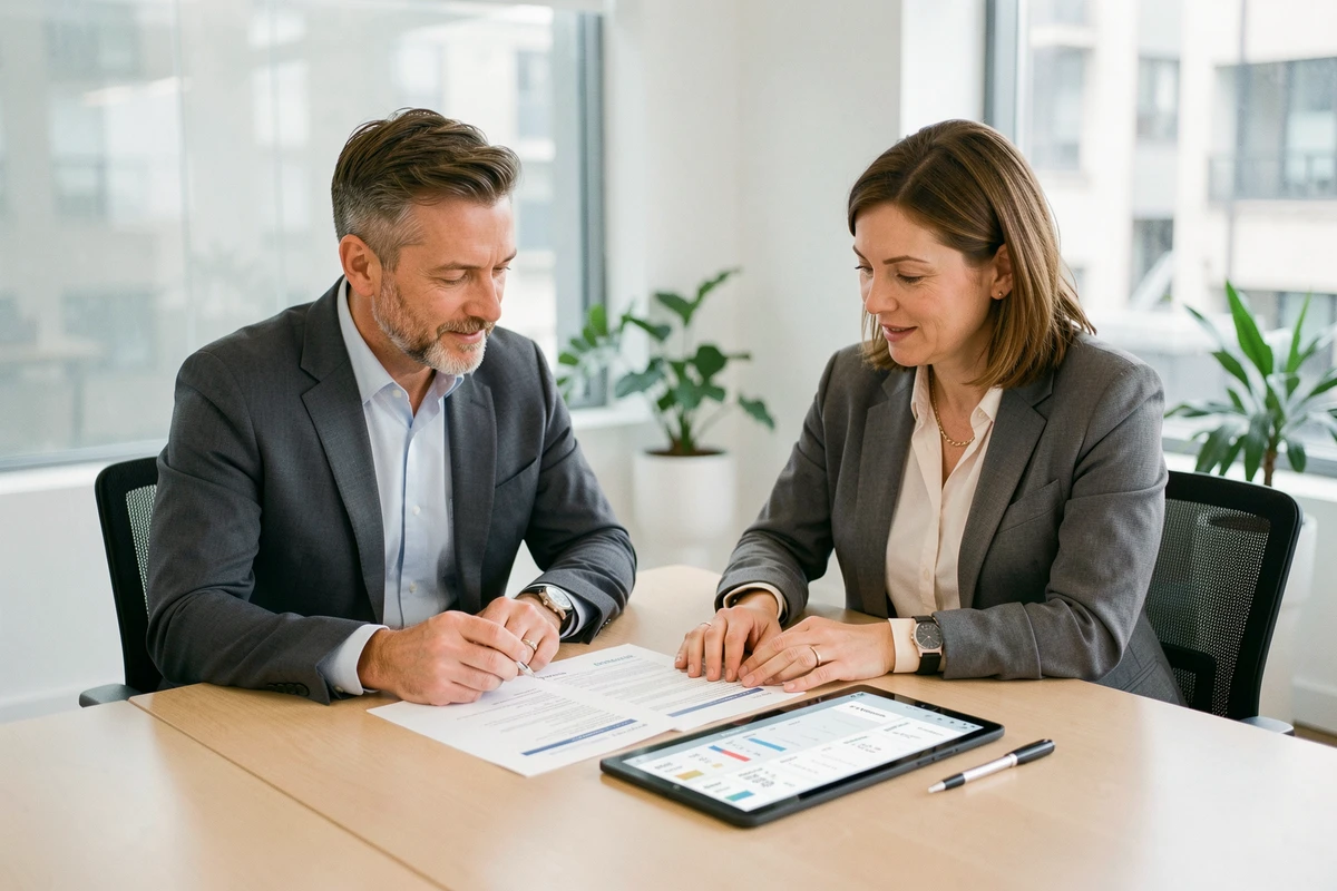 Deux gestionnaires immobiliers collaborant sur la centralisation des données locatives dans un espace de travail moderne