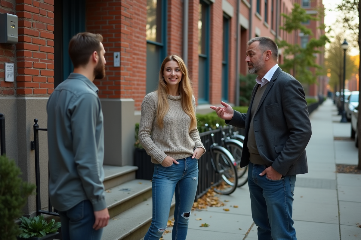 Couple discutant avec un propriétaire devant un immeuble