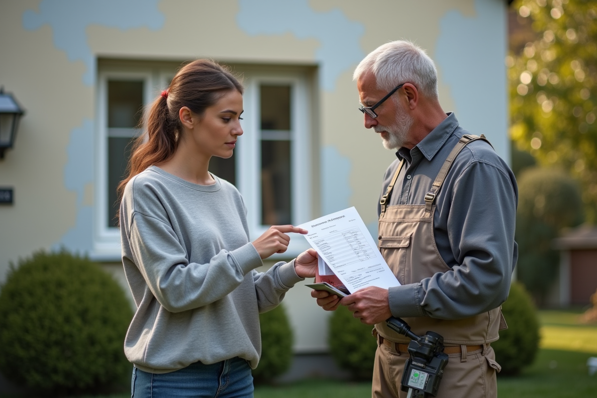 Femme et professionnel discutant de peinture et devis
