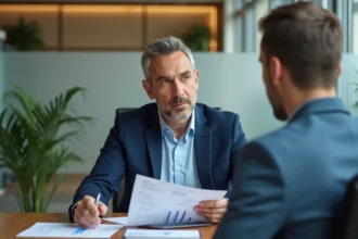 Conseiller bancaire analysant un dossier de financement immobilier avec un client dans une agence moderne