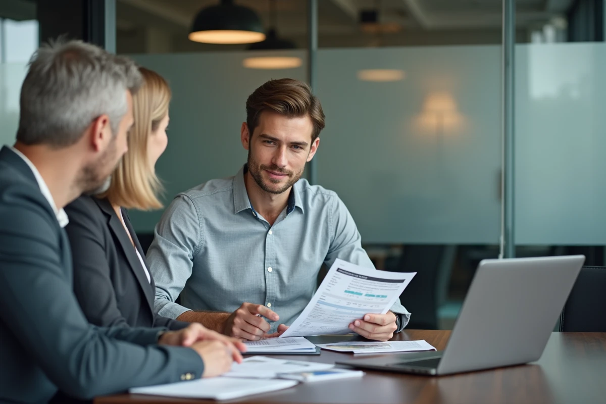 Conseiller immobilier expliquant la différence entre l'estimation d'un portail et son expertise professionnelle à des clients