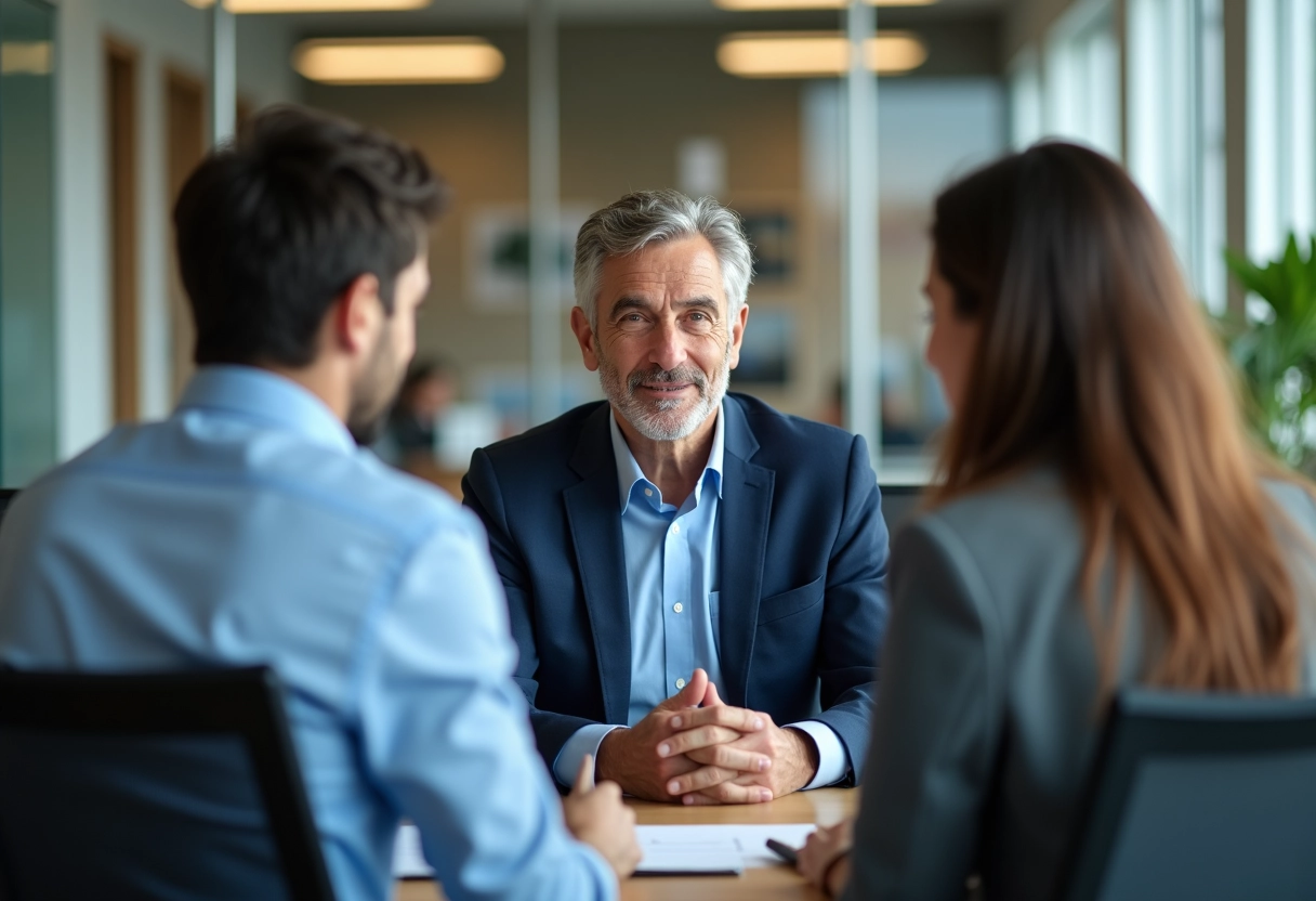 Agent immobilier conseillant un jeune couple dans un bureau