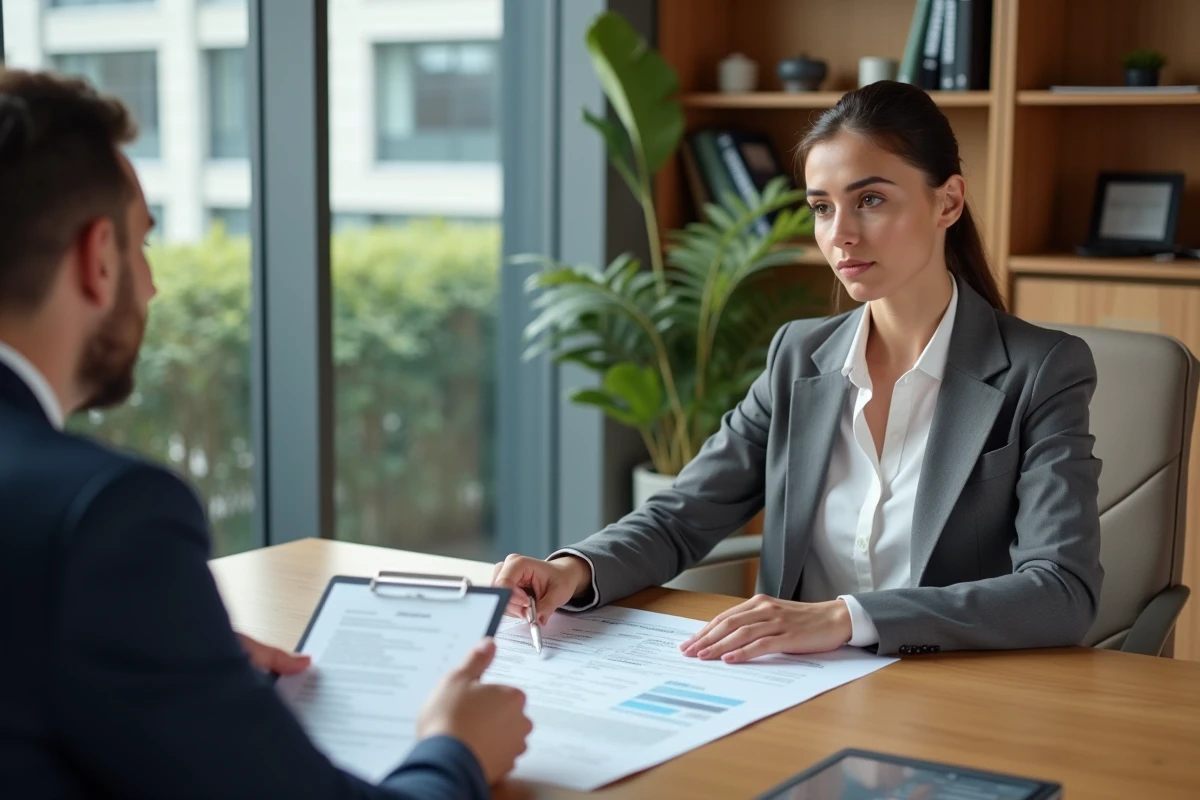 Conseillère en assurance et entrepreneur de construction examinant un contrat d'encours de chantier dans un bureau professionnel