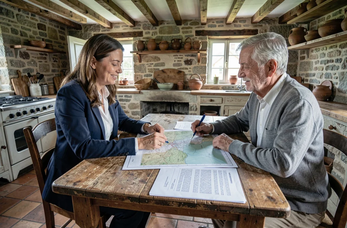 Conseillère immobilière et propriétaire terrien analysant un contrat de location agricole dans une ferme
