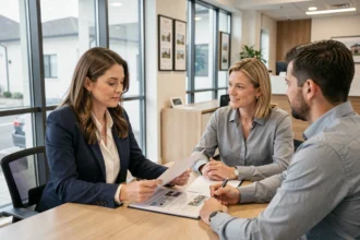 Conseillère immobilière Orpi présentant des documents de vente à un couple de clients dans une agence moderne