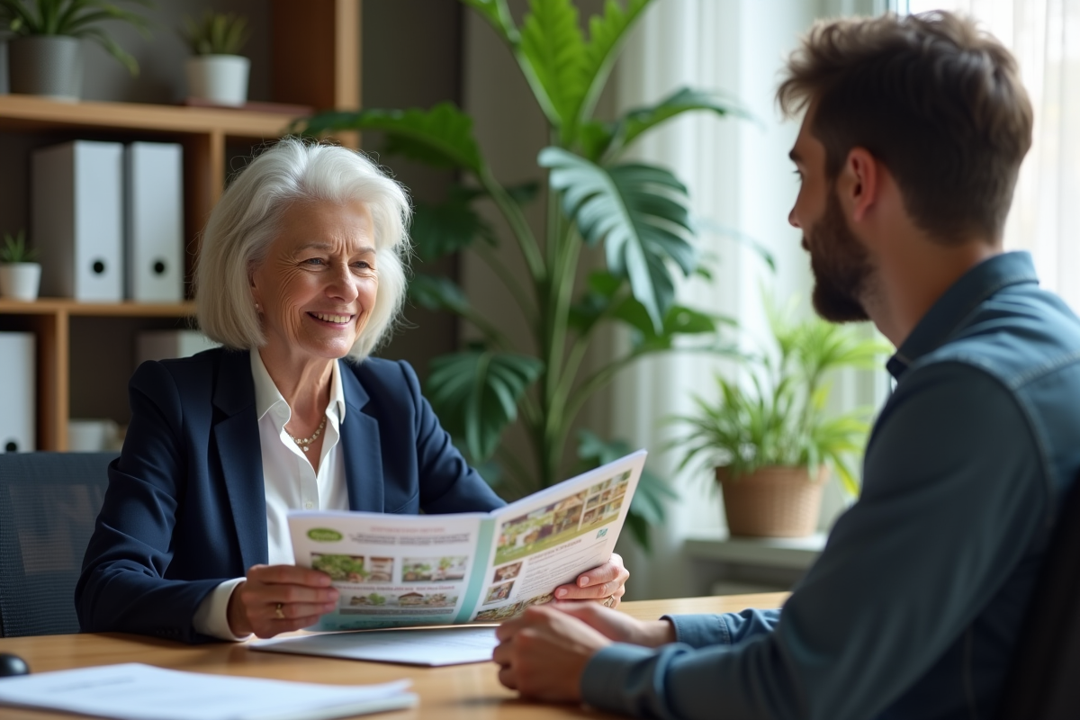 Conseillère bancaire remet brochures d eco renovation