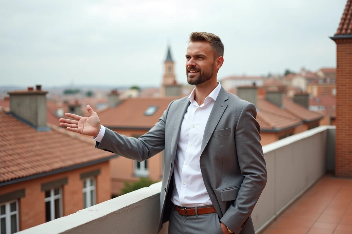 Consultant immobilier évaluant le potentiel d'un bien résidentiel depuis une terrasse avec vue sur les toits caractéristiques en brique rose de Toulouse