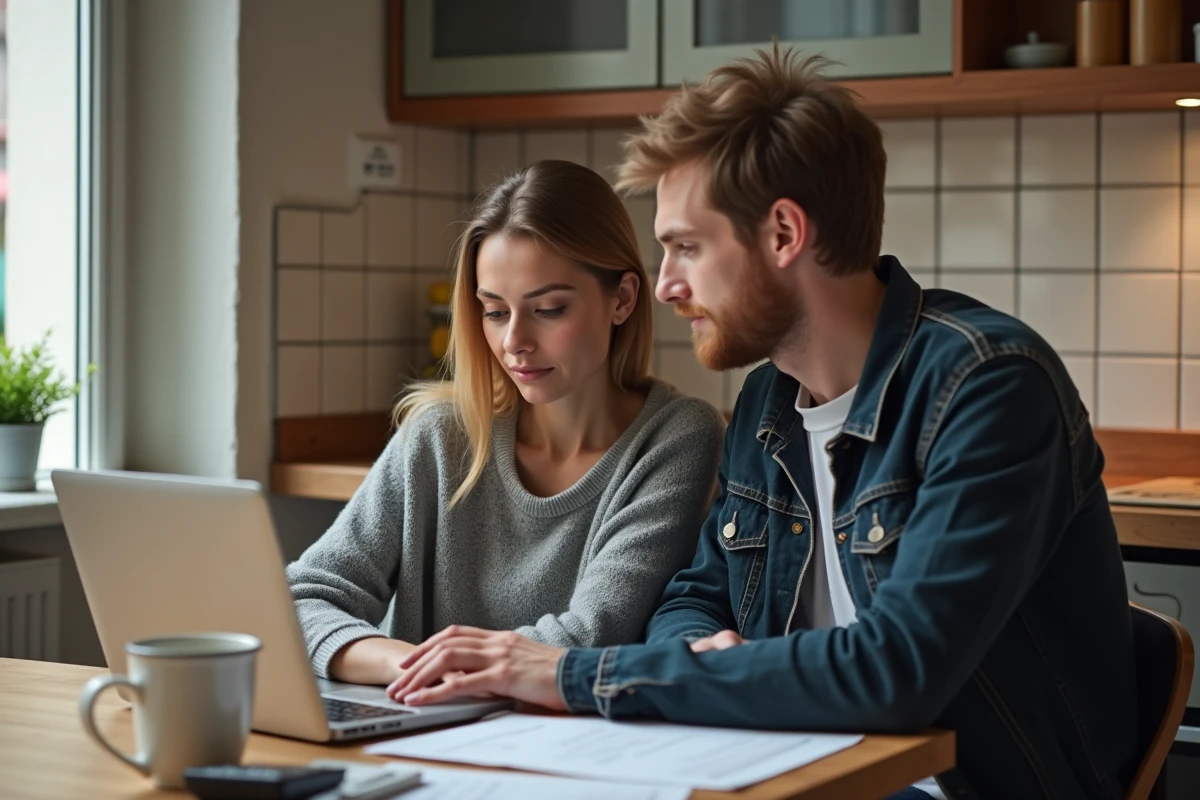 Couple consultant un site d'aide au paiement de la caution pour un logement social sur ordinateur