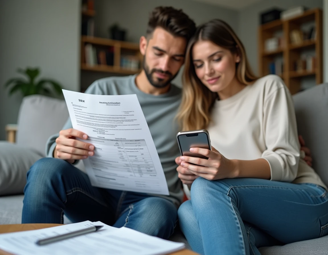 Couple consultant des documents d'aide au loyer et une application mobile de simulation d'aides au logement