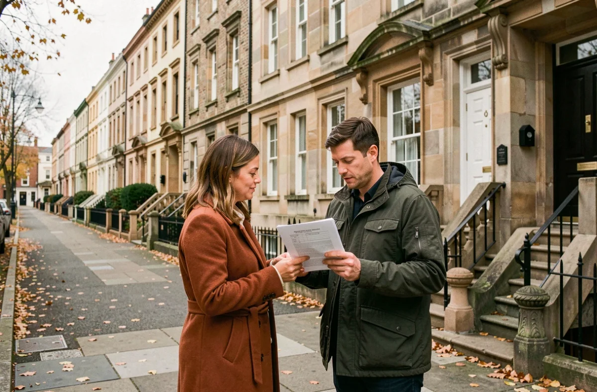 Couple étudiant un document d'identification de propriétaire devant des maisons résidentielles dans une rue calme