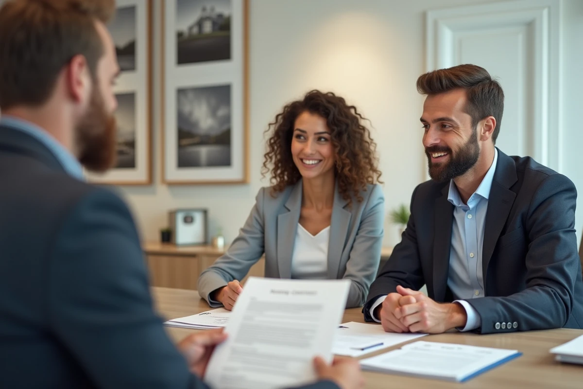 Couple en discussion avec un conseiller immobilier autour d