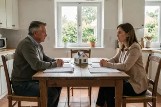 Couple en instance de divorce assis autour d'une table avec des documents immobiliers pour vendre leur maison en Loire-Atlantique